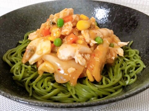 白菜キムチと具沢山あんかけ茶蕎麦‼️